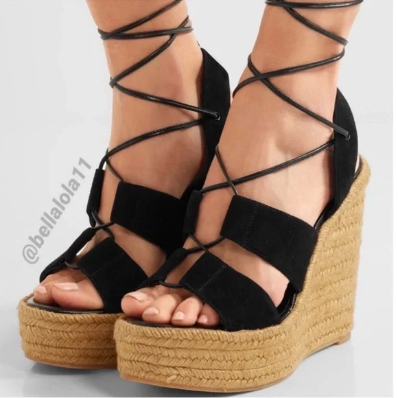 AUTHENTIC YSL BLACK ESPADRILLE WEDGES - Picture 1 of 12